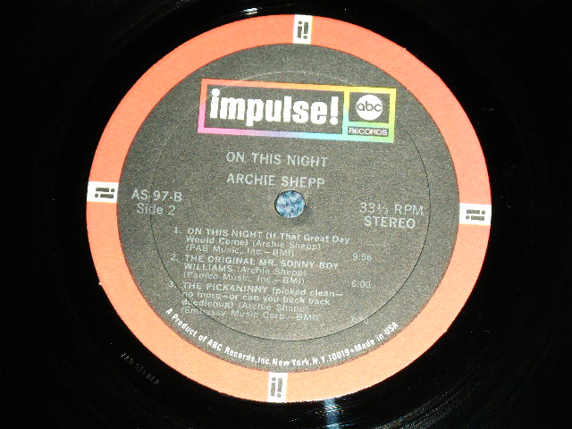 画像: ARCHIE SHEPP - ON THIS NIGHT ( Ex++/Ex+ ,Looks: MINT- )   / 1968 US AMERICA 2nd Press "BLACK with RED RING RED BORDER 'IMPULSE! 'and 'abc' in Boxes at TOP" Label STEREO Used LP