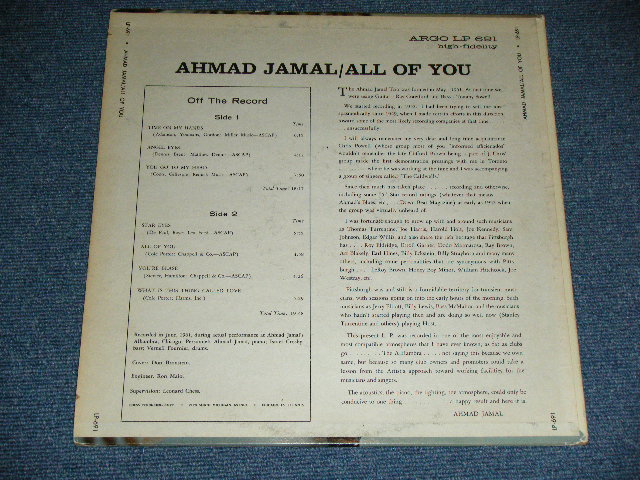 画像: AHMAD JAMAL - ALL OF YOU  ( Ex-/Ex+++ Looks: Ex+ )  / 1962  US AMERICA ORIGINAL "DARK BLUE Label" STEREO  Used LP 