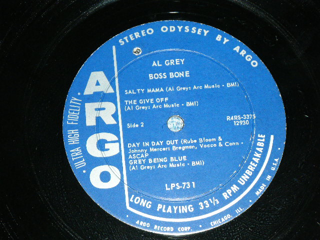 画像: AL GREY - BOSS BONE  ( Ex++/Ex+++ )  / 1960  US AMERICA ORIGINAL "DARK BLUE Label" STEREO  Used LP 