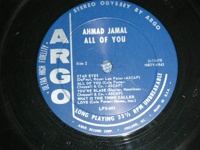 画像: AHMAD JAMAL - ALL OF YOU  ( Ex-/Ex+++ Looks: Ex+ )  / 1962  US AMERICA ORIGINAL "DARK BLUE Label" STEREO  Used LP 