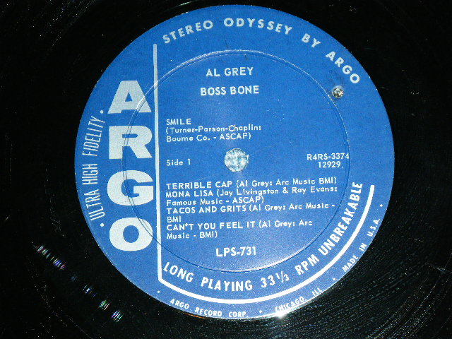 画像: AL GREY - BOSS BONE  ( Ex++/Ex+++ )  / 1960  US AMERICA ORIGINAL "DARK BLUE Label" STEREO  Used LP 