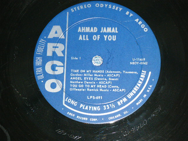 画像: AHMAD JAMAL - ALL OF YOU  ( Ex-/Ex+++ Looks: Ex+ )  / 1962  US AMERICA ORIGINAL "DARK BLUE Label" STEREO  Used LP 