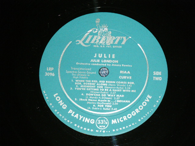 画像: JULIE LONDON - JULIE  ( Turquoise color Label FC:Ex+++,BC:Ex++/A:Ex++,B:MINT- ) / 1957 MONO "1st PRESS Turquoise Color LABEL" Used LP