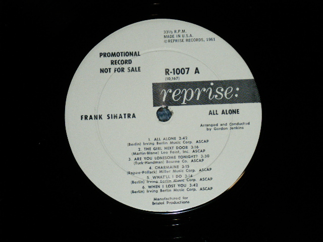 画像: FRANK SINATRA -   ALL ALONE   ( Ex+/MINT- ) / 1962 US AMERICA  ORIGINAL "WHITE LABEL PROMO"  MONO Used  LP 