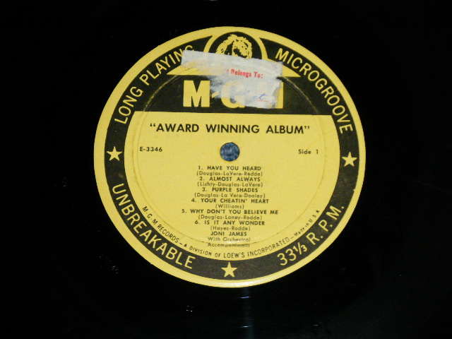 画像: JONI JAMES -  AWARD WINNING ALBUM ( Ex/Ex++ Looks:Ex) / 1960 US AMERICA 1st Press "YELLOW Label"  MONO Used LP 