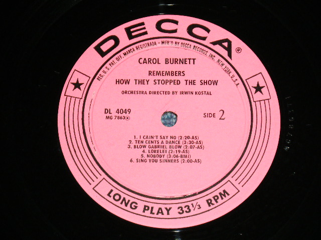 画像: CAROL BURNETT - REMEMBERS : HOW THEY STOPPED THE SHOW  : 1st DEBUT Album ( Ex/Ex+++ ) / 1960  US AMERICA ORIGINAL "PINK Label PROMO" MONO  Used LP 