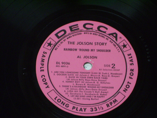 画像: AL JOLSON - RAINBOW 'ROUND MY SHOULDER / 1957 US ORIGINAL MONO LP  