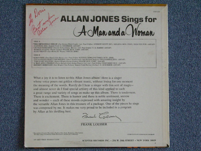 画像: ALLAN JONES - SINGS FOR A MAN AND A WOMAN ( With AUTOGRAPHED / SIGNED ) / 1960's US ORIGINAL LP 