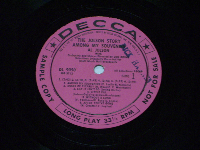 画像: AL JOLSON - THE JOLSON STORY "AMONG MY SOUVEWNIORS" / 1957 US ORIGINAL PINK LABEL PROMO LP 