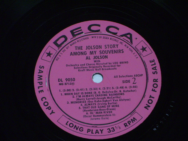 画像: AL JOLSON - THE JOLSON STORY "AMONG MY SOUVEWNIORS" / 1957 US ORIGINAL PINK LABEL PROMO LP 